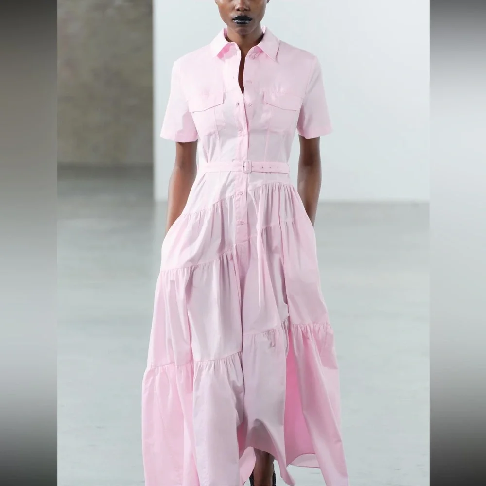 Zara ZW COLLECTION POPLIN SHIRTDRESS, pastel  pink, cotton, tiered